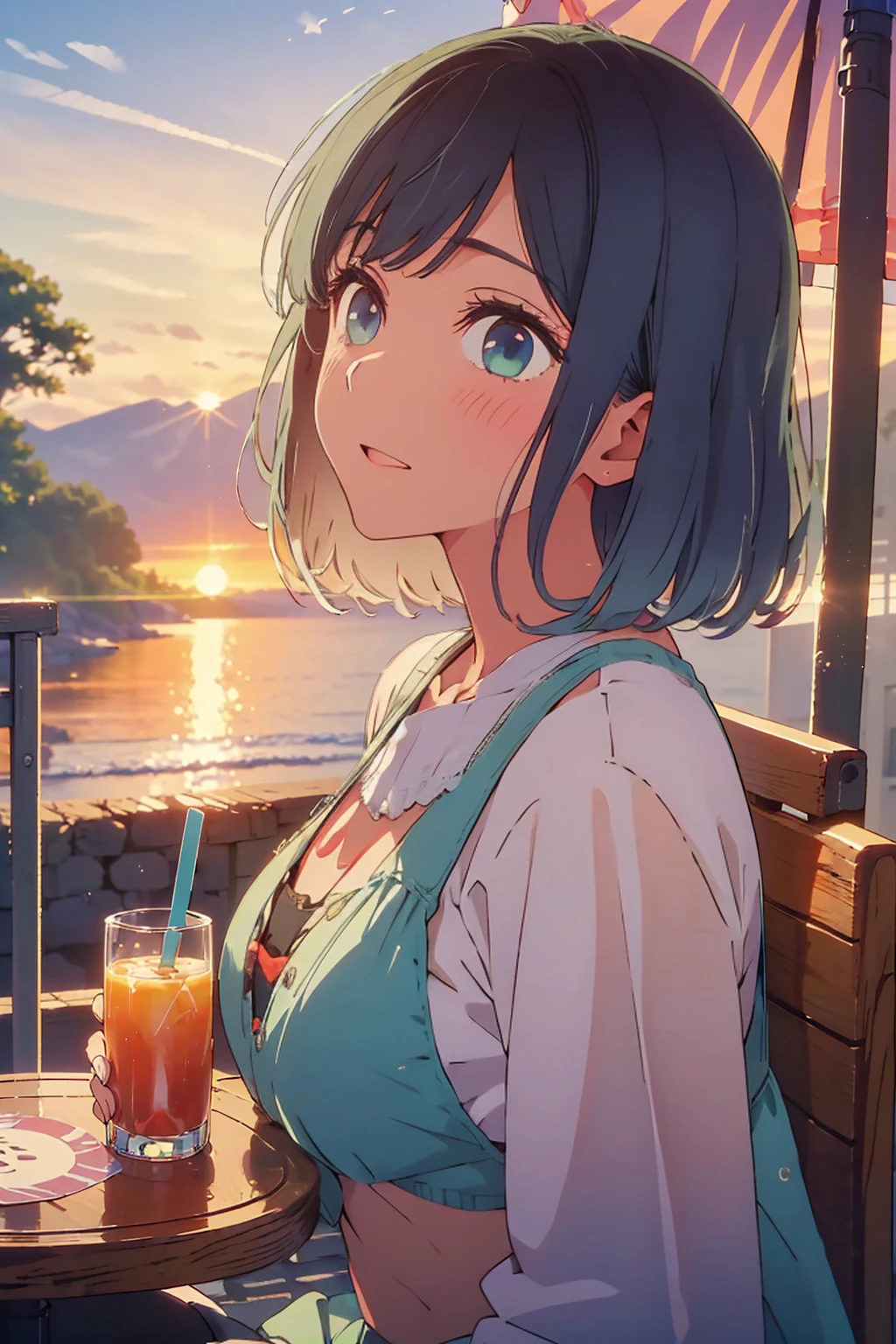 (Highest quality:1.4、masterpiece:1.4、Super detailed:1.4、8K:1.4)、((((1 person、Surprised expression、sit、Outdoor café terrace、coastal、juice、table、Sandy Beach、bikini、juiceのグラスを持つ、Big eyes、Shallow depth of field、Very cute face))))、(((bikiniサイズは小さい)))、(((sunset、Sunset)))、F cup bust