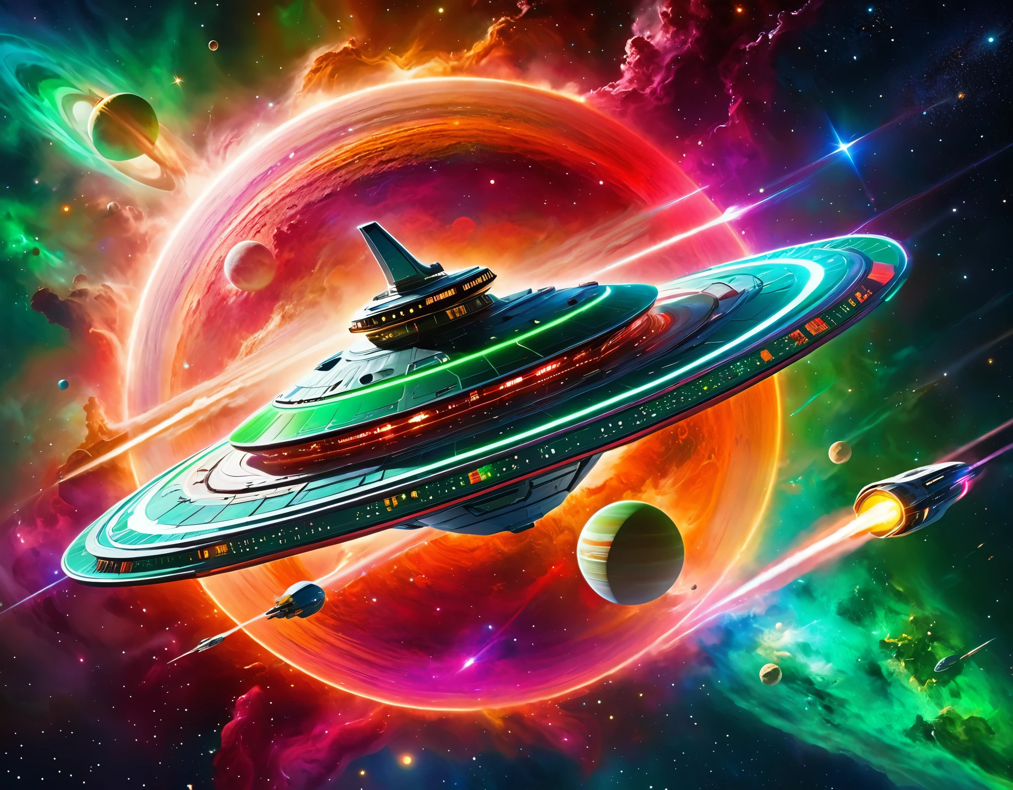 "A high-tech starship navigating through a colorful cosmic expanse, featuring a gradient backdrop from green to red with scattered stars. The ship’s design includes a large circular front section, an extended body, and external nacelles, all highlighted by metallic textures and intricate details."
