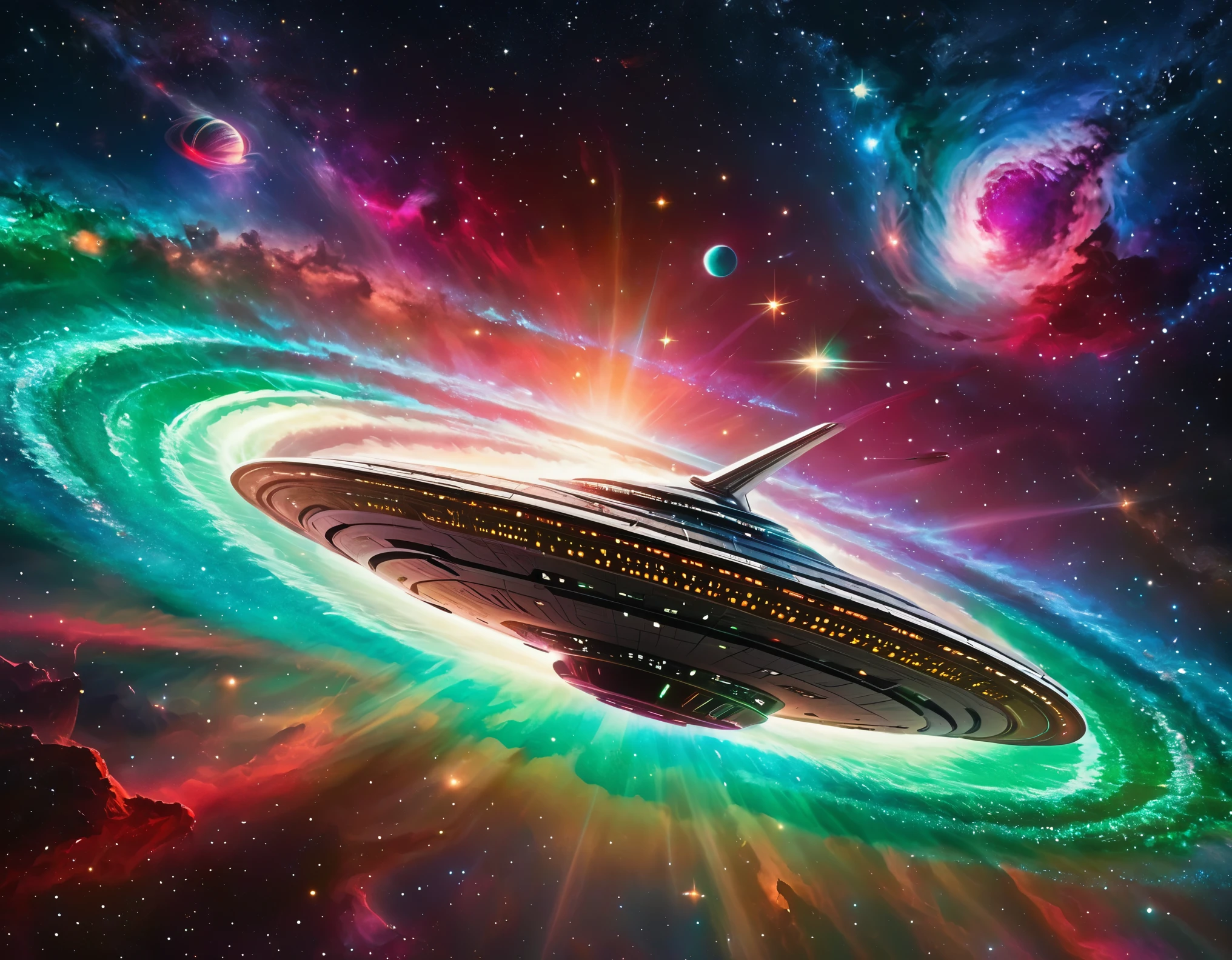 "A high-tech starship navigating through a colorful cosmic expanse, featuring a gradient backdrop from green to red with tered stars. The ship’s design includes a large circular front section, an extended body, and external nacelles, all highlighted by metallic textures and intricate details."
