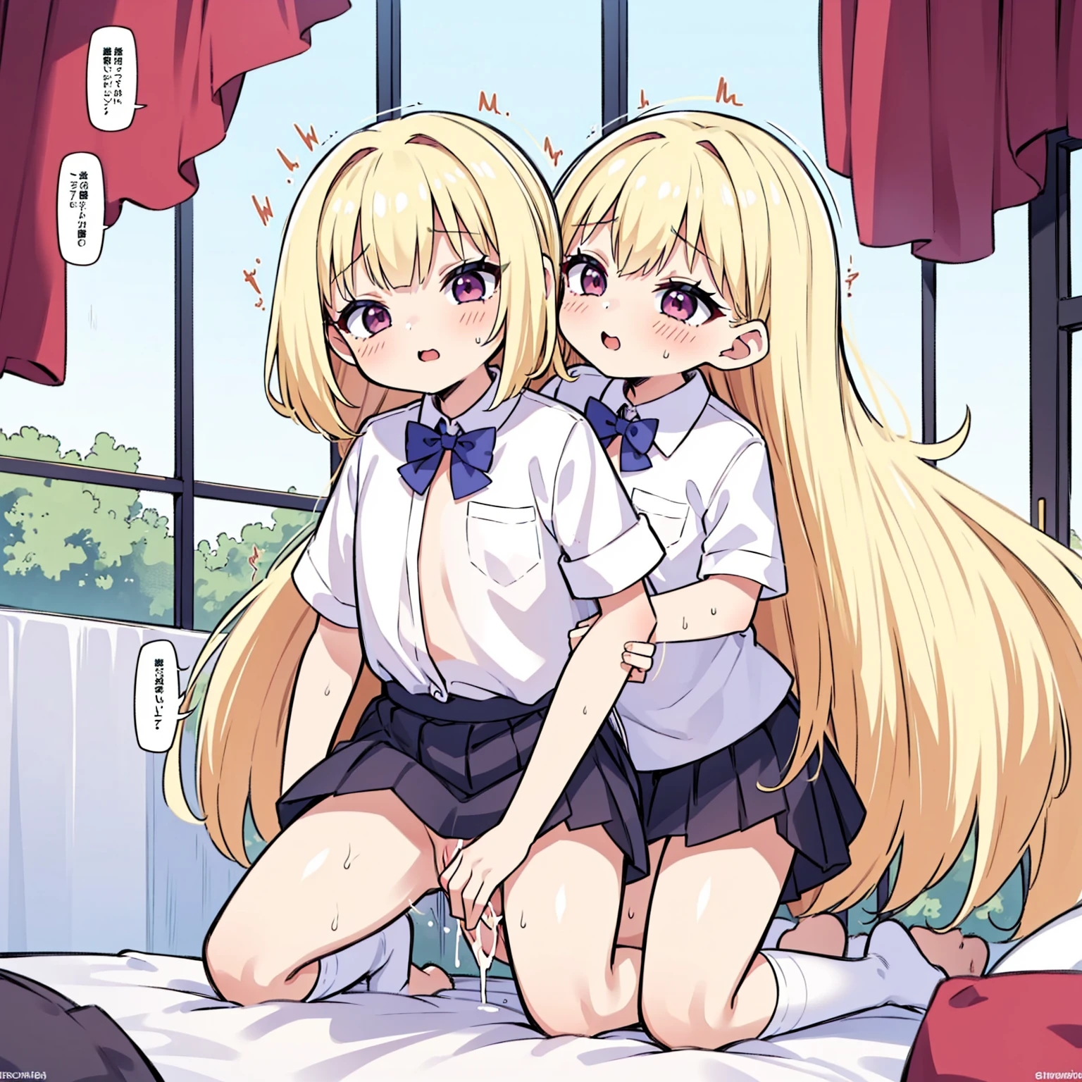 masterpiece, Highest quality, so beautiful, absurdes,High resolution,One girl, (((One littleboy))),Cuddling in bed, like,sexly,Look at each one, blush,Age difference,bow tie,bionde,chest,pleated skirt,Tucked in shirt,Tent shirt,just good,NSFW,((Boys smaller than girls,Boy is smaller than women)),((sex,physique difference,Sex Education,NSFW)),female masturbation,ecstasy