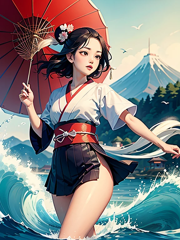 (Highest quality、masterpiece、High resolution、Official Art、8K)、Ukiyo-e、Katsushika Hokusai、Fuji Mountain、White waves of the sea、Boat、