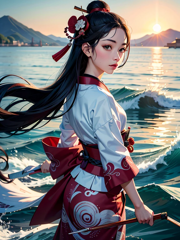 (Highest quality、masterpiece、High resolution、Official Art、8K)、Ukiyo-e、Katsushika Hokusai、Fuji Mountain、White waves of the sea、Boat、