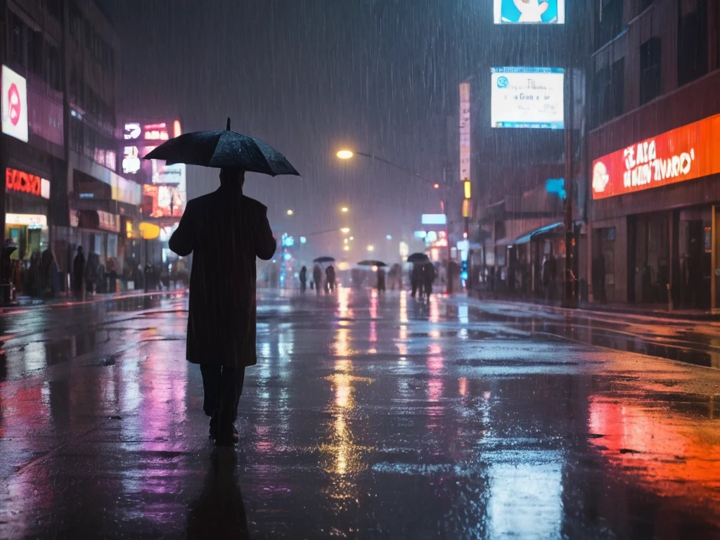 (Rain-soaked street at night:1.3), pedestrians with umbrellas, (reflected neon lights:1.2), steam rising from manhole, construction signage, wet asphalt, urban atmosphere, (cinematic tone:1.2), dynamic composition, (ambient streetlights:1.1), silhouetted figures, city life in motion, moody ambiance, Nikon D850, 1/160s, f/2.8, ISO 3200, telephoto lens, depth of field, (cool color palette:1.1), raindrop effects, evocative of film noir,