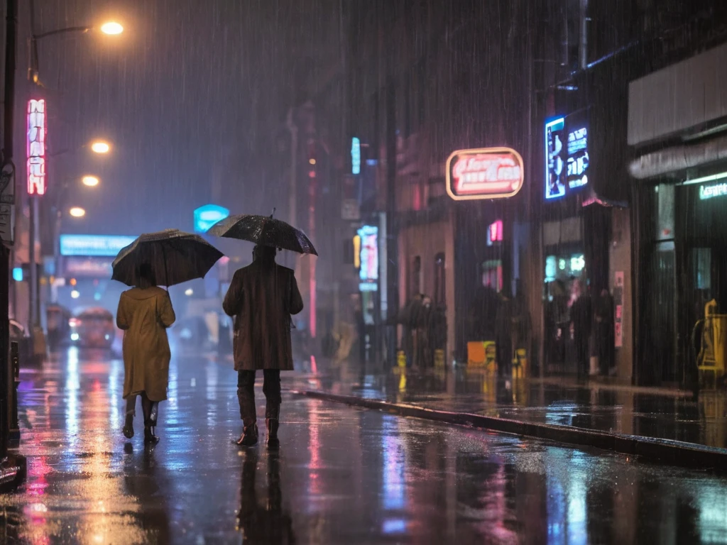(Rain-soaked street at night:1.3), pedestrians with umbrellas, (reflected neon lights:1.2), steam rising from manhole, construction signage, wet asphalt, urban atmosphere, (cinematic tone:1.2), dynamic composition, (ambient streetlights:1.1), silhouetted figures, city life in motion, moody ambiance, Nikon D850, 1/160s, f/2.8, ISO 3200, telephoto lens, depth of field, (cool color palette:1.1), raindrop effects, evocative of film noir,