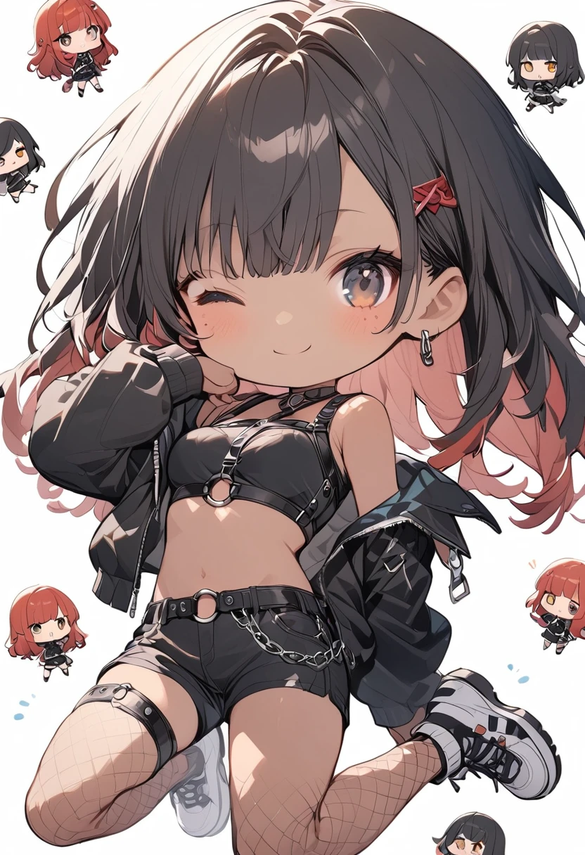 full body,1 girl, (cute:1.3),short red Hair, left eye blue, right eye yellow, tan skin, freckles,｛open sexy clothes, black skirt, Black stockings, long sleeves, chest harness, black shirt, crop top, shorts, Shoes, O-Ring, midriff, off shoulder, medium breasts, thigh strap, shorts, fishnet stockings,Glossy, shiny material, chibi emote, chibi character, cute pose