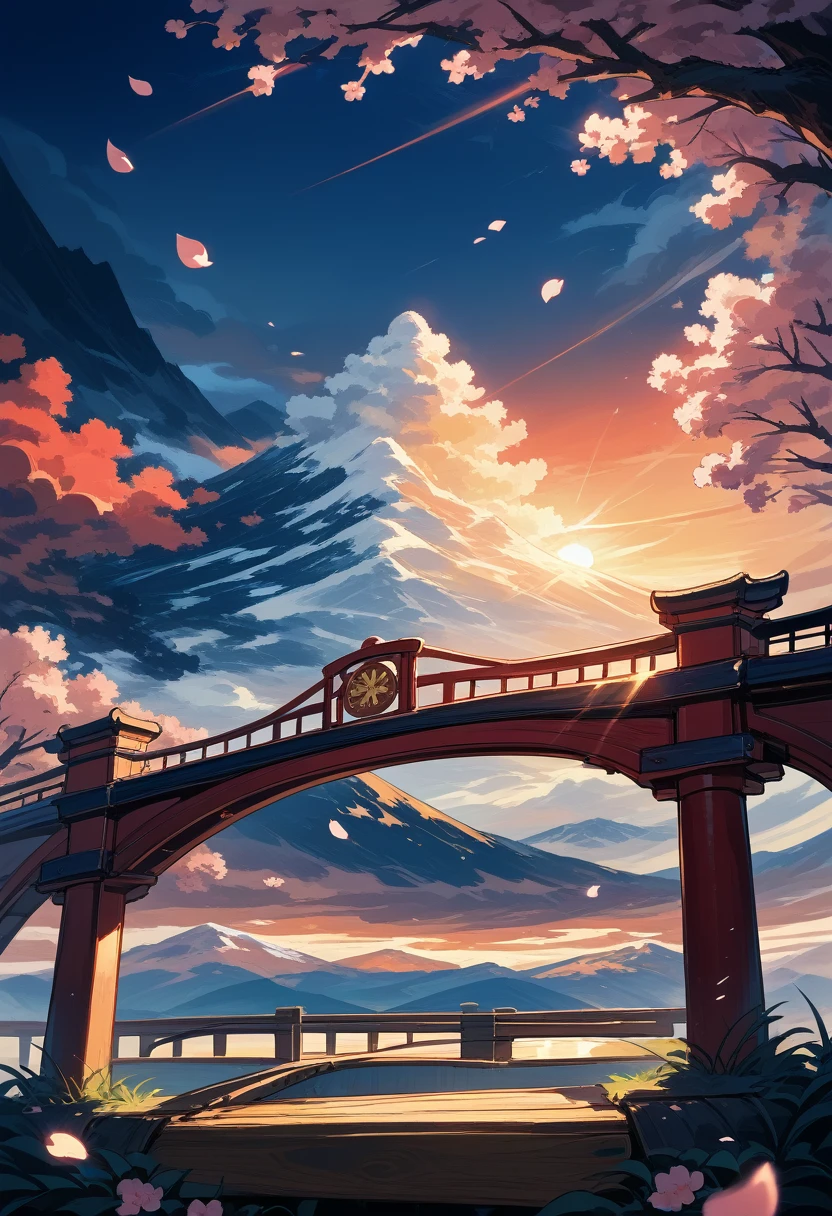 masterpiece, cinematic, highly detailed, 4k resolution, high contrast, sharp focus, stunning, breathtaking, dramatic, 1gitl, furry, swords drawn, intense expressions, determined expressions, focused gaze, wooden bridge, cherry blossom petals falling, sunset, dramatic mountain range in the background, red sky, golden light, silhouetted mountains, dramatic lighting, golden hour lighting, cinematic lighting, warm lighting, shadows, light and shadow contrast, rays of sunlight,