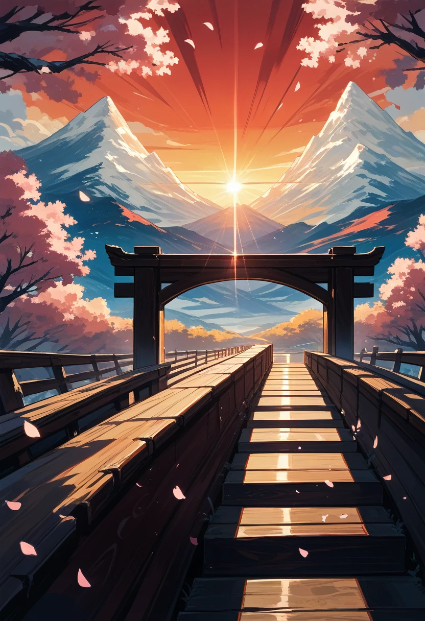masterpiece, cinematic, highly detailed, 4k resolution, high contrast, sharp focus, stunning, breathtaking, dramatic, 1gitl, furry, swords drawn, intense expressions, determined expressions, focused gaze, wooden bridge, cherry blossom petals falling, sunset, dramatic mountain range in the background, red sky, golden light, silhouetted mountains, dramatic lighting, golden hour lighting, cinematic lighting, warm lighting, shadows, light and shadow contrast, rays of sunlight,