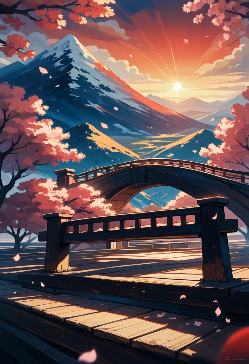 masterpiece, cinematic, highly detailed, 4k resolution, high contrast, sharp focus, stunning, breathtaking, dramatic, 1gitl, furry, swords drawn, intense expressions, determined expressions, focused gaze,  wooden bridge, cherry blossom petals falling,  sunset, dramatic mountain range in the background,  red sky, golden light,  silhouetted mountains,  dramatic lighting,  golden hour lighting, cinematic lighting, warm lighting, shadows,  light and shadow contrast,  rays of sunlight,