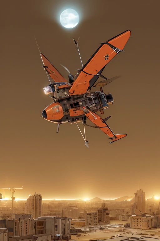 full body image, (ultra detailed,ultra high res,detailed background),((2D)),((flat color)),((muted color)), 1solo, looking at viewer, baggy red flight suit, large shearling collared bomber jacket, (big yellow galoshes), plush collar, full body image, wearing vr goggles, ((baron desert intricut background)), ((apocalyptic city)), entire body in frame, ((drone next to her)), (action, moving)