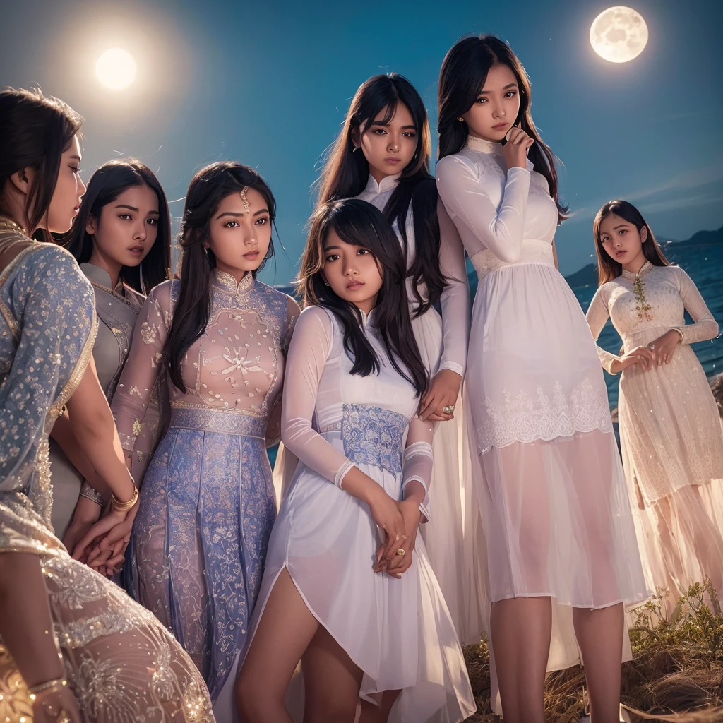 A group of young indian women with admirable beautiful faces, wearing tight short vietnamese ao dai,skirts,Gauze material,Light transmission, lots of clothing details, reflect moonlight, at night, by the sea, One of the character's feet is raised,pose,night,Moonlight shines through clothes,high-definition, detailed lighting and shadows, high-definition photography, Big deep cleavage sexy navel, by the water, The whole body is wet, wet hair,Sticking out tongue,Slobber,Obscene expressions,licking, full-body portrait shot