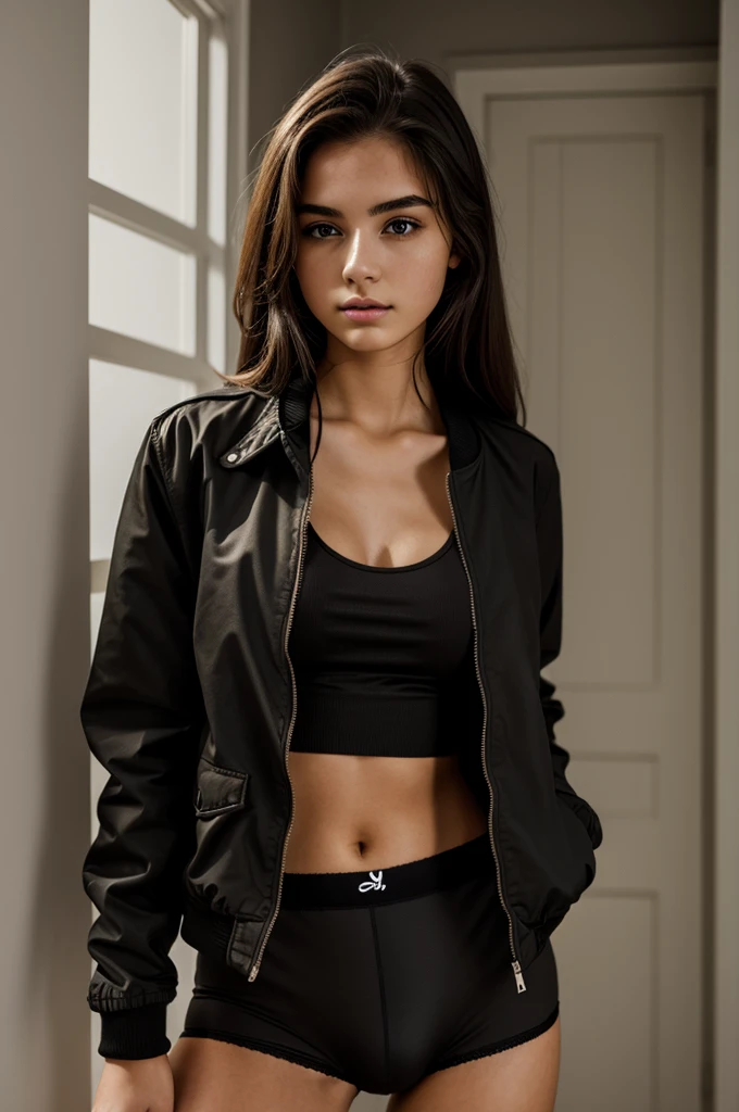 photograph of a 20 year old woman, Perfect face, Masterpiece, GOOD, , negro_GOOD, Jacket, negro_panties