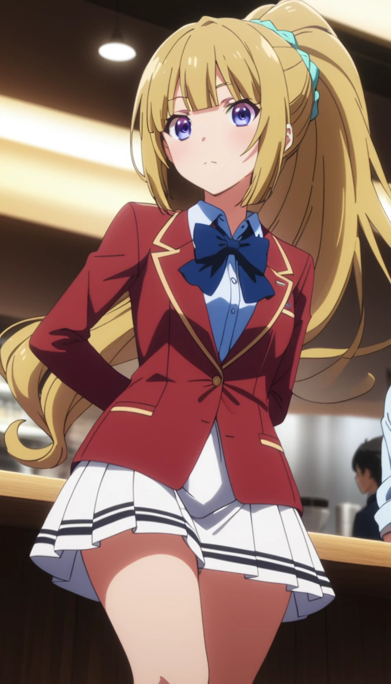 masterpiece, best quality, highres, ponytail hair, (single braid:1.2), hair ribbon, red blazer,buttoned blazer, blue bowtie, long sleeves, white skirt,knee socks,arms behind back, standing in restaurant ,talking viewer,from below,looking viewer ,score_9, score_8_up, score_7_up, score_6_up, , source_anime 