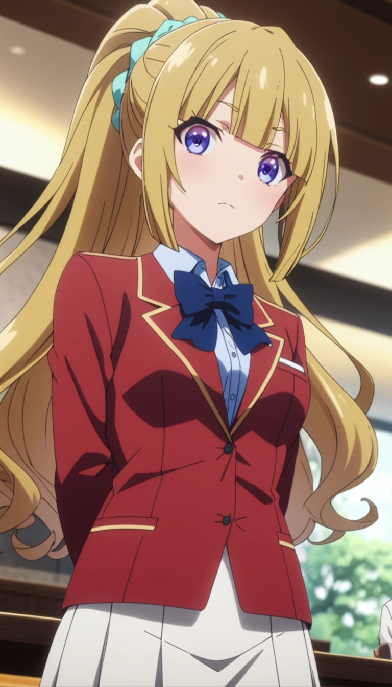 masterpiece, best quality, highres, ponytail hair, (single braid:1.2), hair ribbon, red blazer,buttoned blazer, blue bowtie, long sleeves, white skirt,knee socks,arms behind back, standing in restaurant ,talking viewer,from below,looking viewer ,score_9, score_8_up, score_7_up, score_6_up, , source_anime 