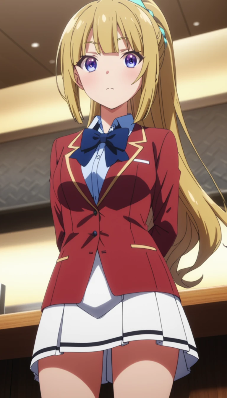 masterpiece, best quality, highres, ponytail hair, (single braid:1.2), hair ribbon, red blazer,buttoned blazer, blue bowtie, long sleeves, white skirt,knee socks,arms behind back, standing in restaurant ,talking viewer,from below,looking viewer ,score_9, score_8_up, score_7_up, score_6_up, , source_anime 