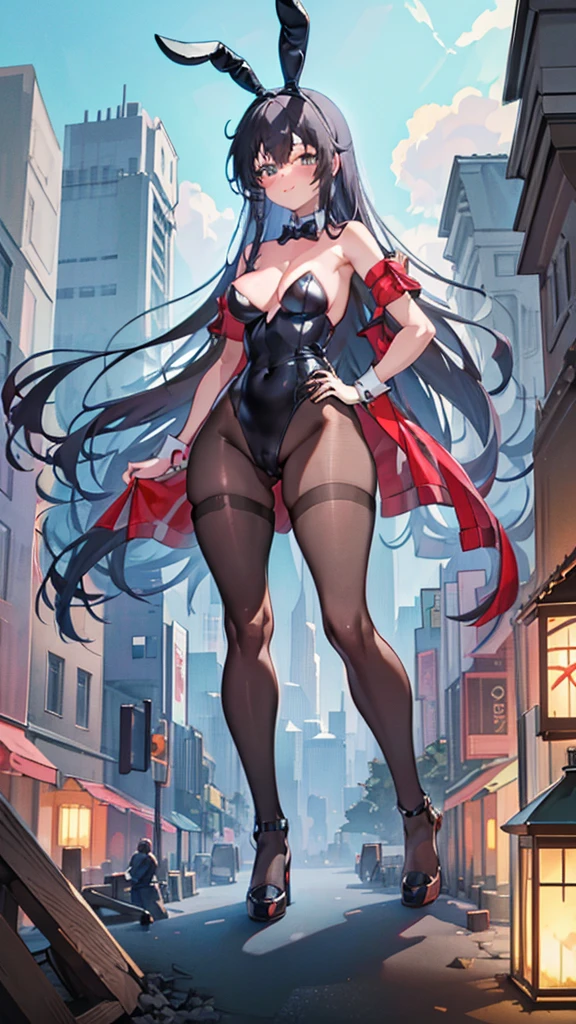 masterpiece Night view Late Night Starry Sky moon Unreal Engine Anime Style Delicate painting 4K 90's giant Multiple Girls crowd City ビルの谷間に立っているBunny girl Bunny girl ((Black Costume)) Black Bunny Suit High heels tights Black Stockings Bunny ears Black Hair Hands on hips smile female giant giant girl Whole body Destroyed skyscrapers Destroyed cars Crowd Unreal Engine,cleavage ,a drawing of a , earrings, long hair, 1980s (style) Cute picture Beauty Analog style whole body