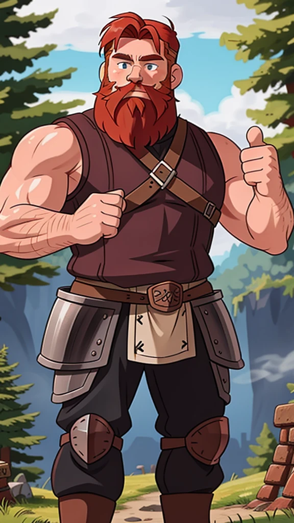 Ingólfr Einarr is a 40-year-old red-haired Viking man with a full beard, outgoing, muscular and very attractive, who wears his imposing medieval armor. hyper detailed and super realistic. cartoon style. Ingólfr Einarr raising his hand with a thumbs up (as a like reaction)
