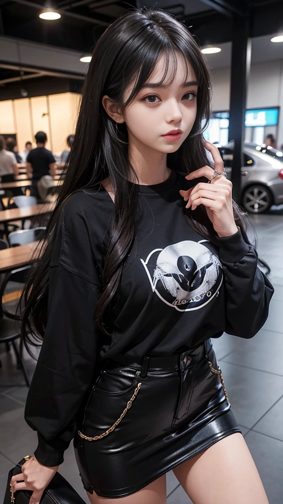 A 20 year old woman, casual and sexy clothes, long shiny hair, black eyes, best quality, resolution, black casual clothes, rings on her fingers, stylish and eye-catching pose,Curly hair, with bangs on the forehead, best quality, detailed clothing, good resolution 