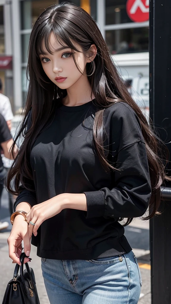 A 20 year old woman, casual and sexy clothes, long shiny hair, black eyes, best quality, resolution, black casual clothes, rings on her fingers, stylish and eye-catching pose,Curly hair, with bangs on the forehead, best quality, detailed clothing, good resolution