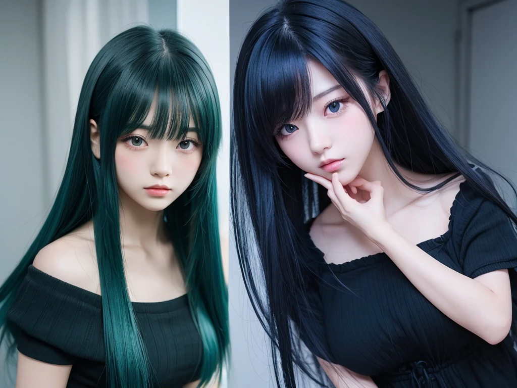 The hair on the top of the head is dark blue.、The tip of the hair is a dark green gradient。girl、17 years old、Anime Style、Bust 86cm、Height: 172cm、Weight 51kg、clear、Wizard