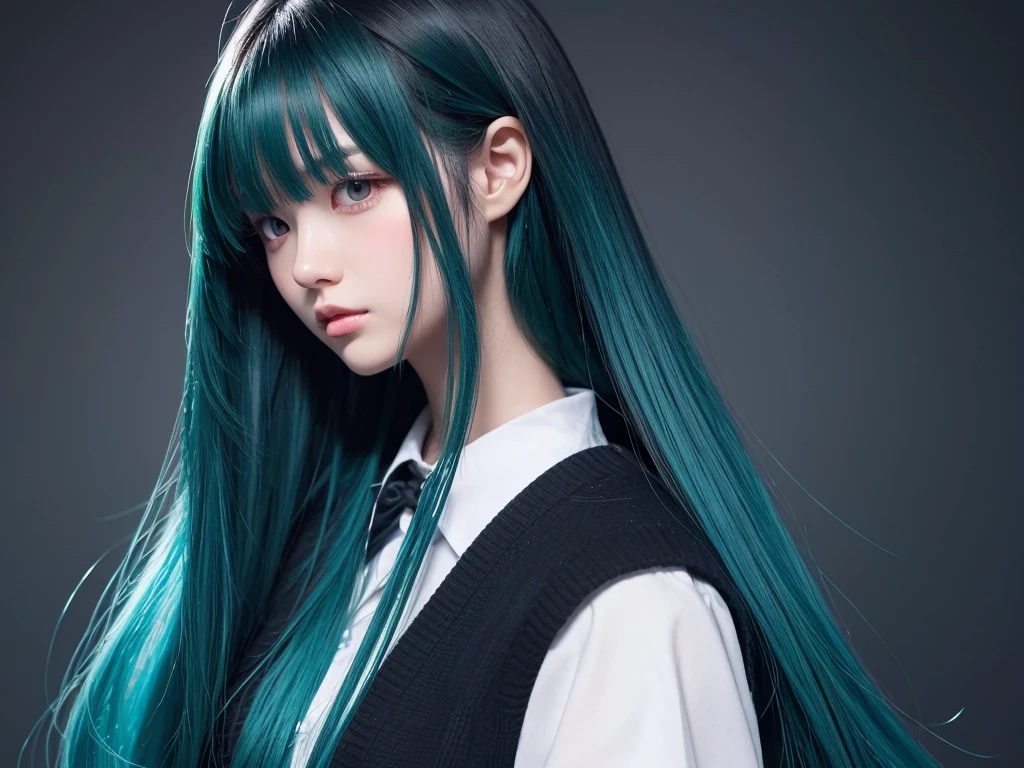 The hair on the top of the head is dark blue.、The tip of the hair is a dark green gradient。girl、、Anime Style、Bust 86cm、Height: 172cm、Weight 51kg、clear、Wizard