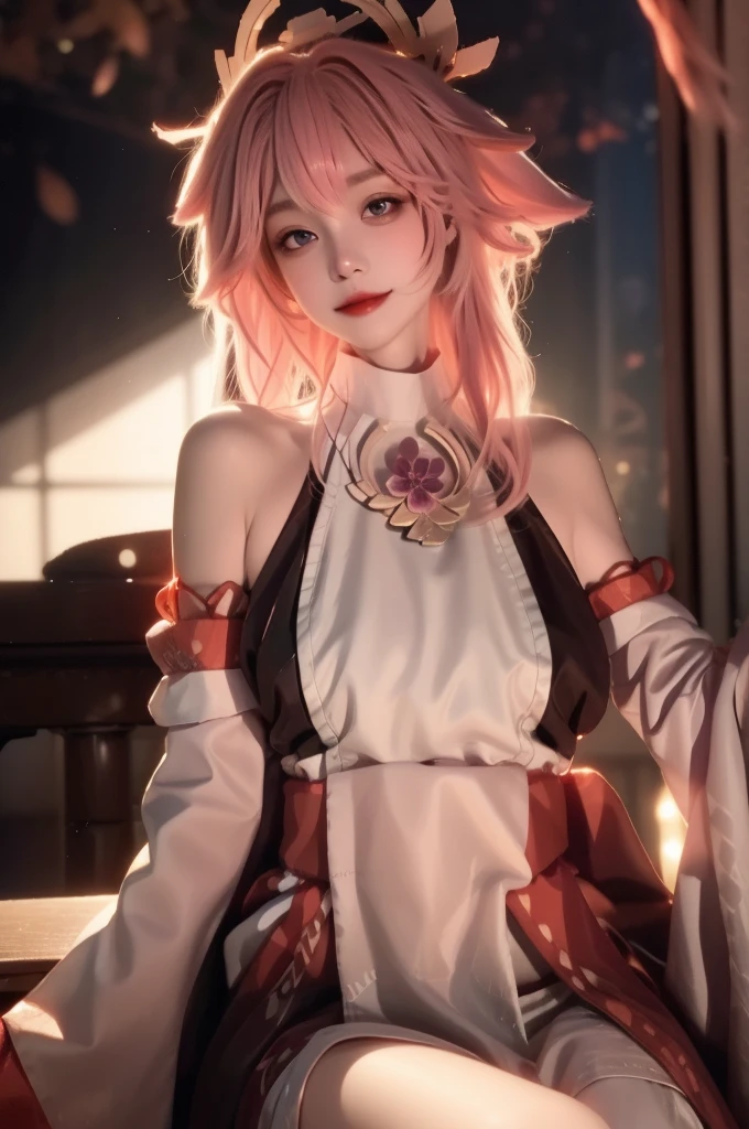 yae_miko, 1girl, bare_shoulders, breasts, detached_sleeves, jewelry, lips, long_hair, long_sleeves, looking_at_viewer, pink_hair, sash, sitting, solo, wide_sleeves,
Charming eyes, smile,
Sitting on the chair, sunlight, Autumn,
masterpiece, best quality,
RAW photo, 8k, 4k, (intricate details:1.0), (ultra detailed:1.0), (depth of field:1.0), (blurry background:1.0), (classroom:1.1), (spotlight effect:1.0), (light from the front:1.0), (fair skin:1.0), (super detailed skin:1.0), (clear translucent skin:1.0), (perfect body:1.0), (skinny,:1.0), (curvy body:1.0), (face:1.0), (sensual:1.0),