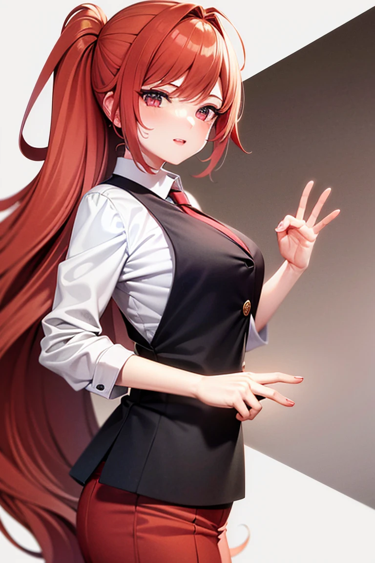 Anime style illustration featuring a young woman with long red hair standing in a red suit. She wears a  consisting of a red blouse and a red skirt, with pink socks. She has her eyes open anime style and in her hands she holds a large sign spread across her, giving a happy and serene expression. totally white background. Her lighting is vivid and lively which enhances her happiness.