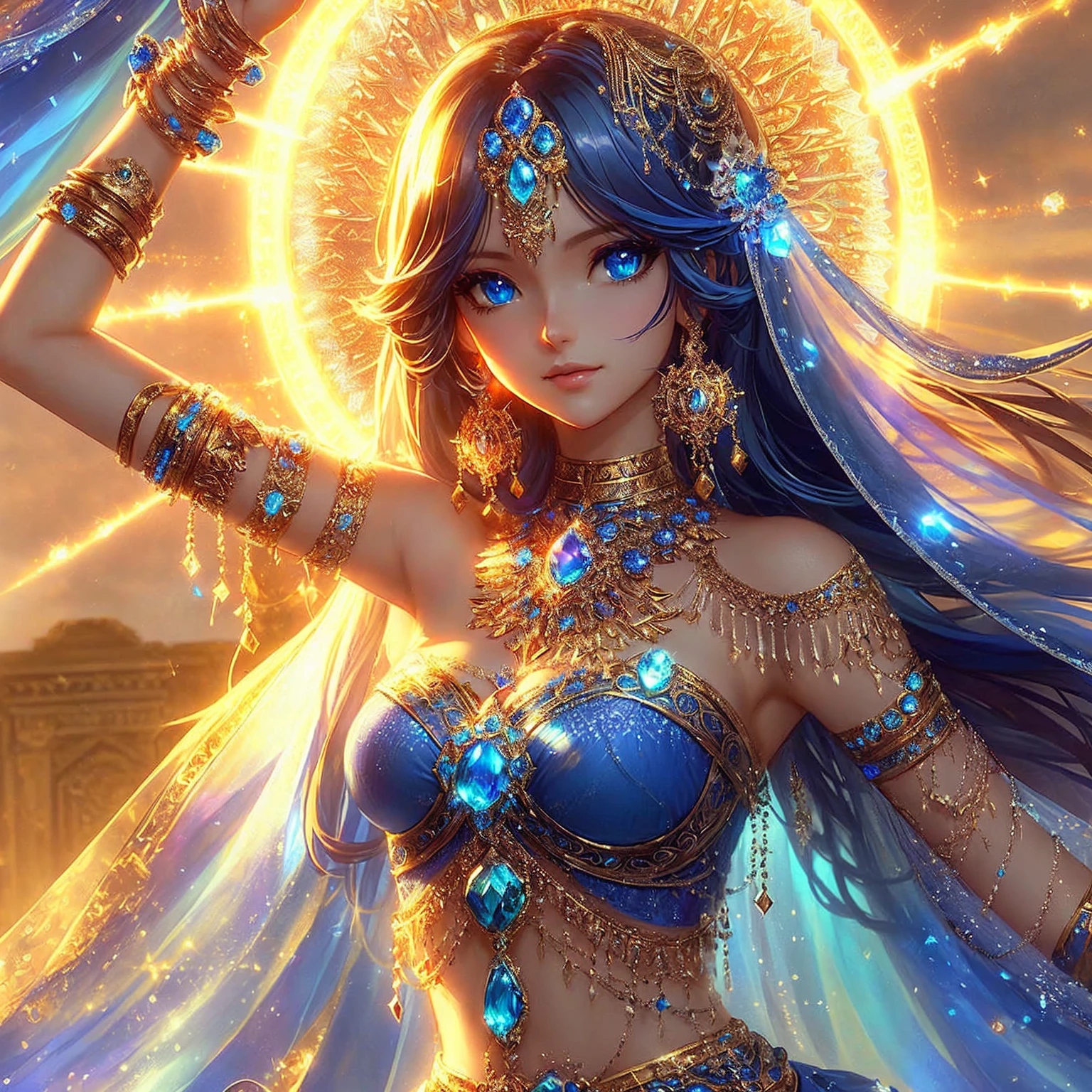 Close-up of a woman in a blue dress with lights shining behind her., extremely detailed Argerm, anime goddess, beautiful heavenly mage, High quality 8K detailed artwork., Argerm. anime illustration, Beautiful Fantasy Empress, beautiful devil girl, Fantasy anime artwork, beautiful goddess, Argerm style, Detailed digital anime art