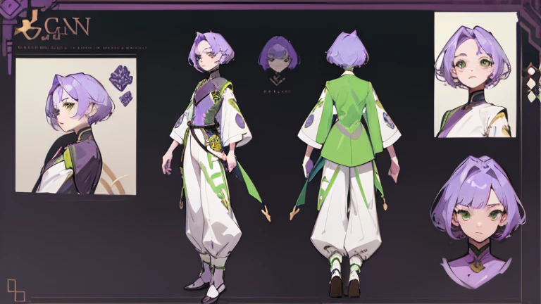 (Masterpiece, best quality), detailed, 1 woman, ((character concept art)), ((character design sheet, same character, front, side, back)), full body, body complete, 1 female, 1 women. Detailed face, character design sheet full body, Highly detailed, character sheet, character design, Many parts, pale skin, green eyes, short purple hair, wolfcut hairstyle, lavender flower reference, lavender flower character reference, lavender flower inspired, male clothes, flat chest, Solarpunk, Solarpunk reference, Solarpunk inspired outfit, pants, green, dark gray, gold.