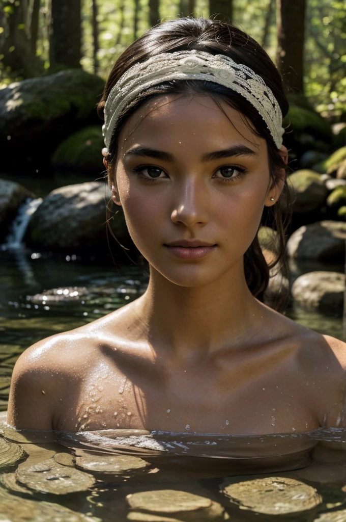 Best Quality, Masterpiece, super high resolution, A super model submerged in hot springs in Japan., outdoor hot springs, stone hot springs, surrounded by moss and trees, super beautiful face, pure body, clear pores visible, (SMILE:0.8), using division (lace headband:1.2), (realism:1.5), Photo original, soaked body, covered in sweat, bare shoulders, in the dark, deep shadows, low key, cold light