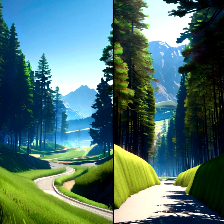 Mountains and forests in the background, best quality, sun shining, blue sky, grassy field, left-side view, horizontal view, 3d view, road is facing left, left view, side view, sideways view of the road, road in straight line, front view of mountains, Road on the cliffside with steel railings, mountains and forests in the background,