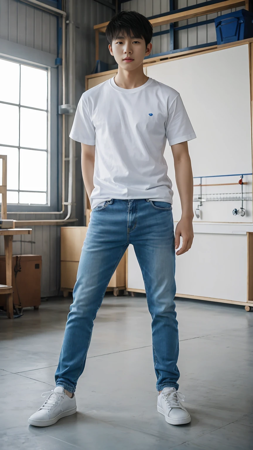 Full body shot, a young Korean man in a white T-shirt, blue jeans, white sneakers, standing in a workshop, face straight to viewer, cool pose, serene expression, detailed face, detailed clothing, detailed background, natural lighting, warm colors, beautiful scenery, intricate details, highly detailed, photorealistic, 8k, ((masterpiece)), cinematic style, portrait