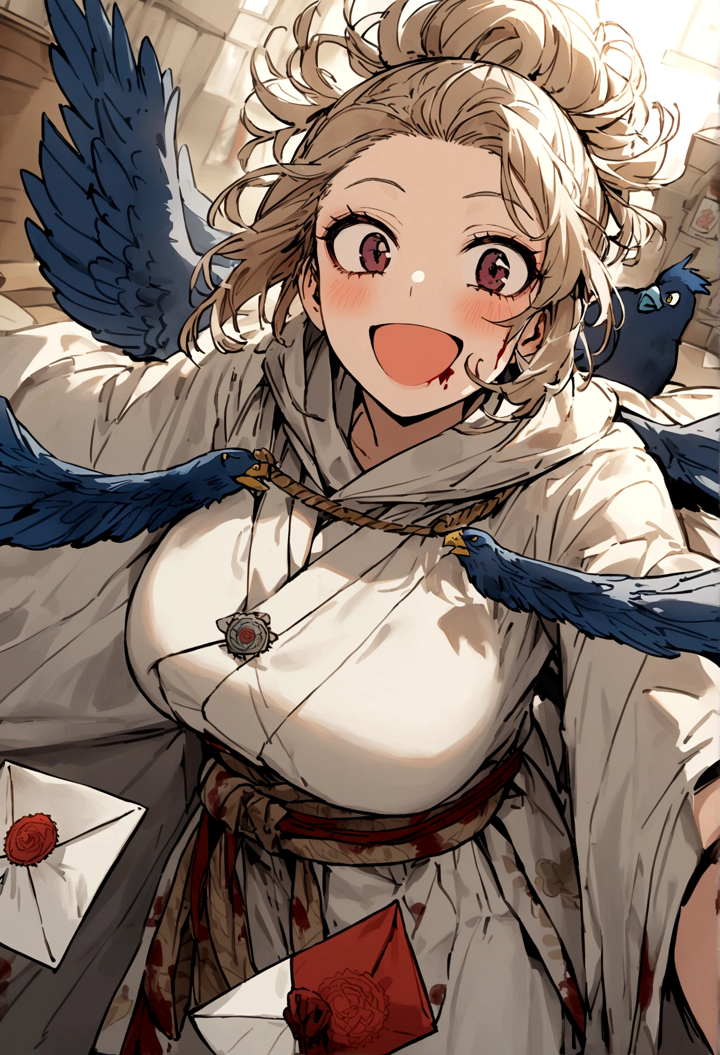 Himiko robe from Boku no Hero with a mouth stained with blood and an envelope with a stamp of a blue eagle with a curious smile
