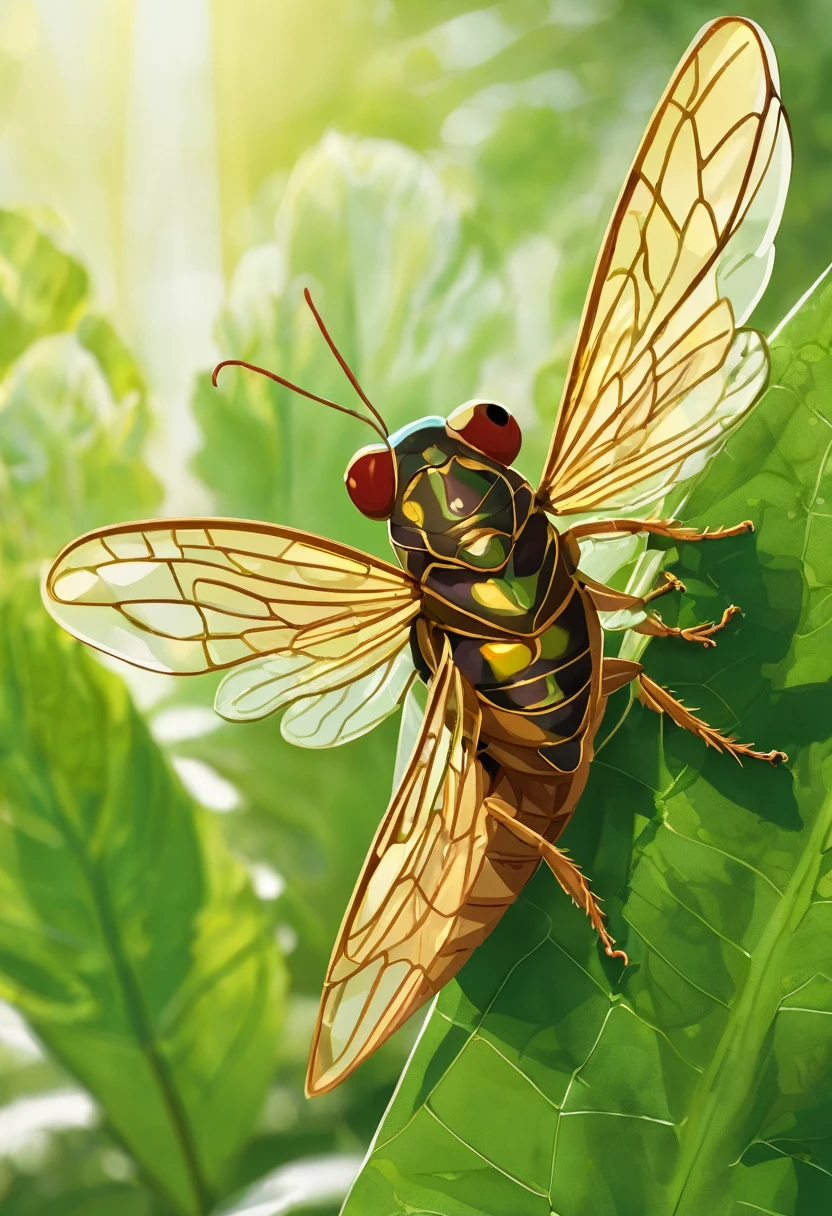 Introduction of the cicada:"A cheerful and carefree cicada sitting on a leaf, singing happily under the sun."
