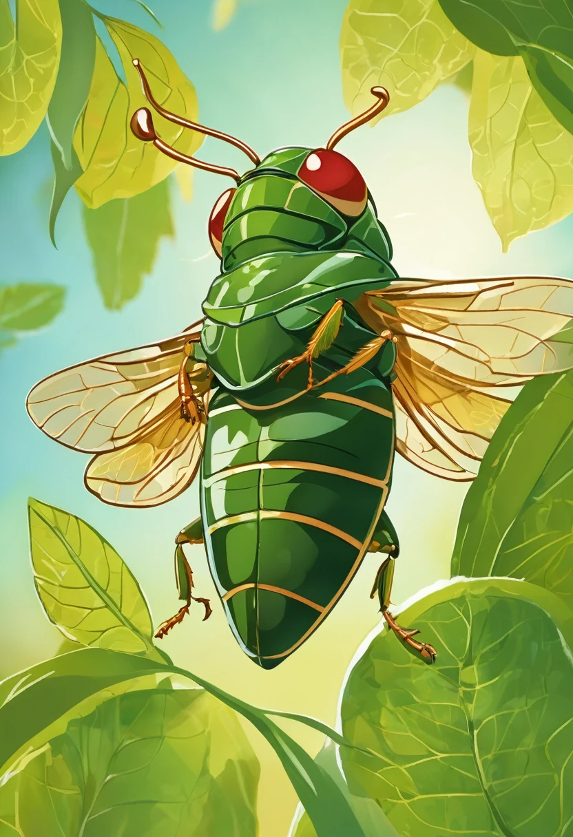 Introduction of the cicada:"A cheerful and carefree cicada sitting on a leaf, singing happily under the sun."