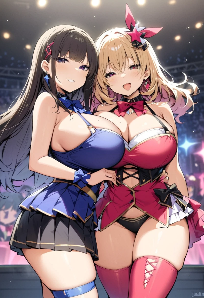 masterpiece, Highest quality, High resolution, JK,((Two Girls,)),View your viewers,,,,smile,, (( idol)) glamorous, voluptuous,