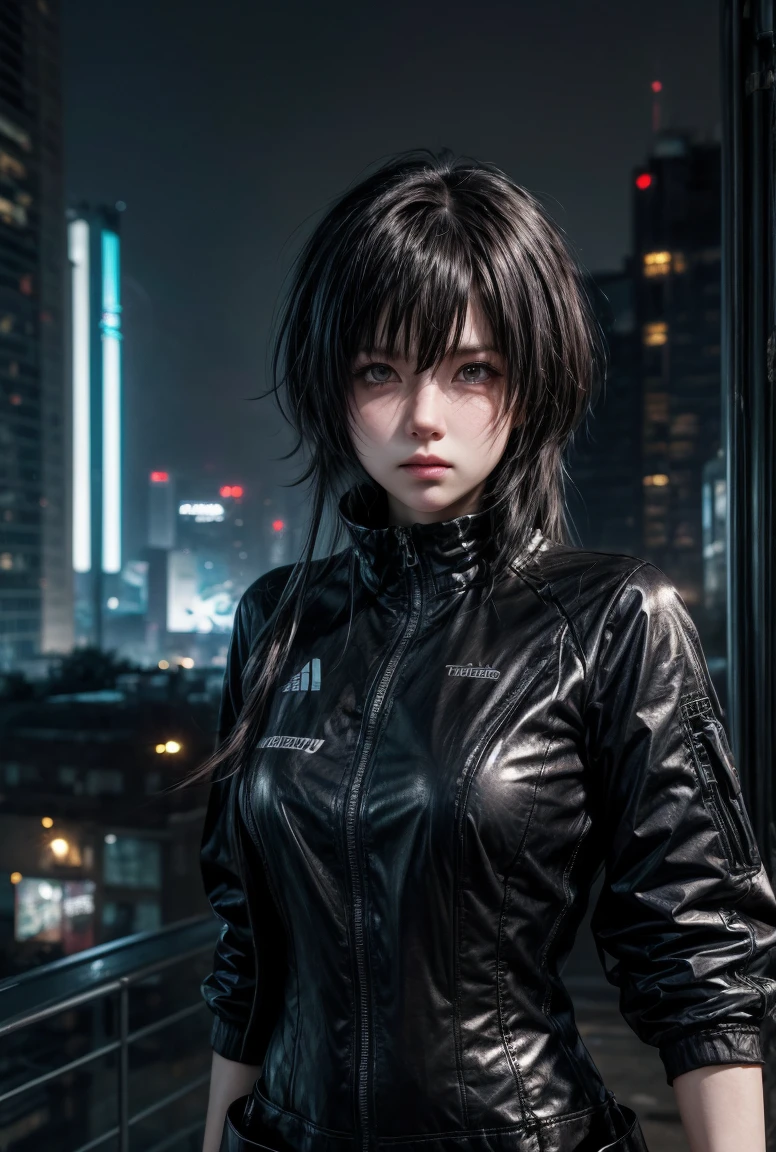 Techwear, girl, cyberpunk, dark background , ready to fight , fight pose , surronded by many broken machine , she entagle by cable and wire