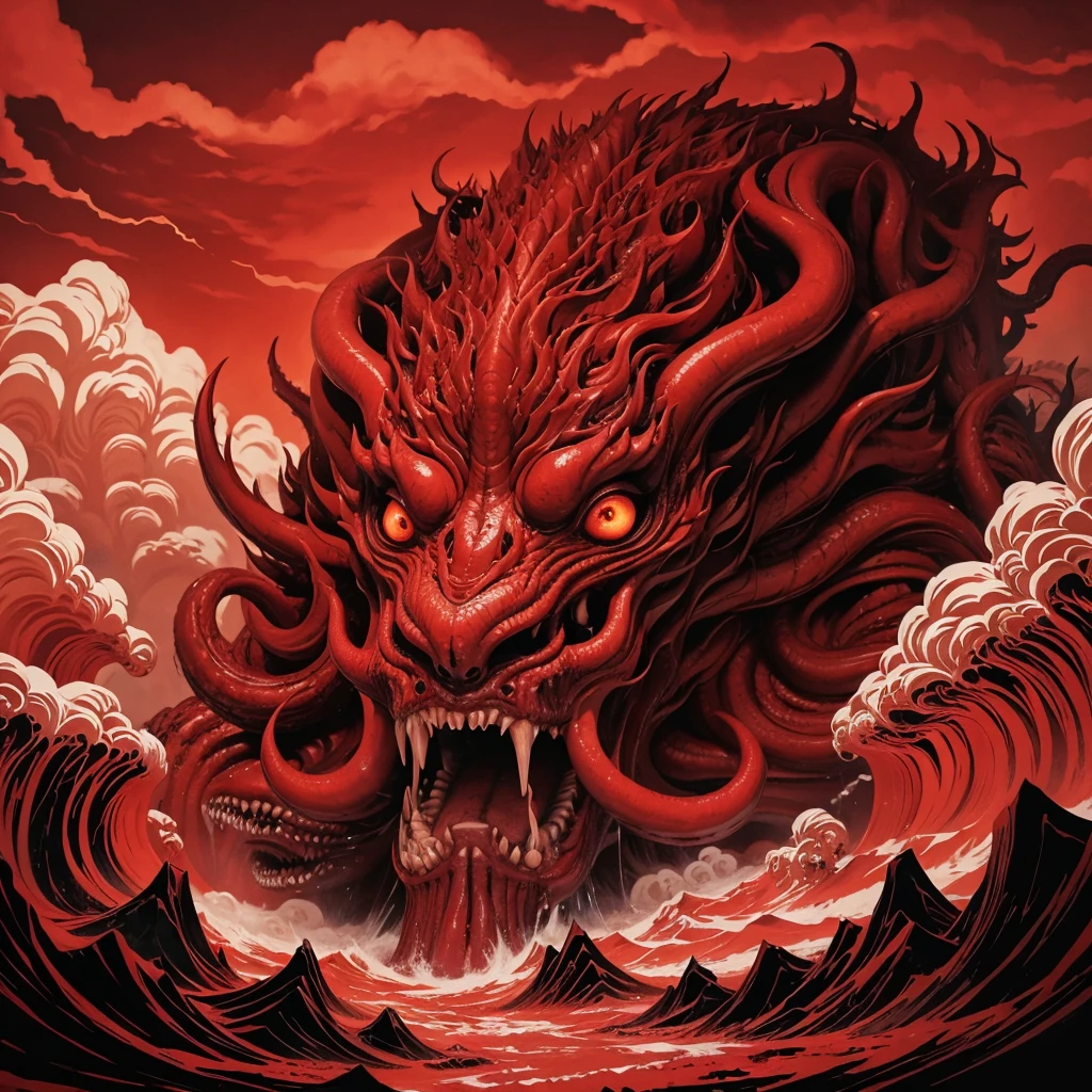 Cloudy，Angry roar，Hideous and terrifying，Giant head，Blood Black，Lovecraftian gods，繁复的China头冠，China铠甲，blood，Black Abyss，China，China式宗教，Abstract Art，Surrealism，Magical Realism，Impression style，Lovecraft atmosphere，Lovecraft atmosphere，Lovecraftian inspiration，Doomsday scene，Red distorted sky，Bloody earth，Flowing black water