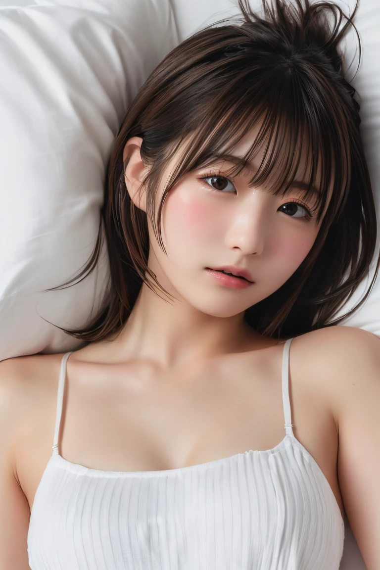 Highest quality, (beautiful)、naked、Close-up、Larger breasts、Nipples、bed、Pussy、Embarrassed、Brown Hair、looking at the camera、camisole、Sleeping on your back