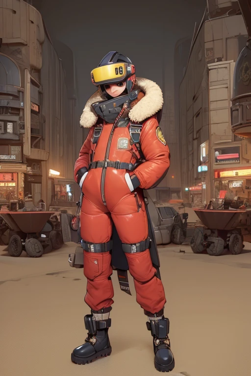 full body image, (ultra detailed,ultra high res,detailed background),((2D)),((flat color)),((muted color)), olo, looking at viewer, baggy red flight suit, large shearling collared bomber jacket, (big yellow galoshes), plush collar, full body image, wearing vr goggles, ((baron desert intricut background)), ((apocalyptic city)), entire body in frame, ((drone next to her))