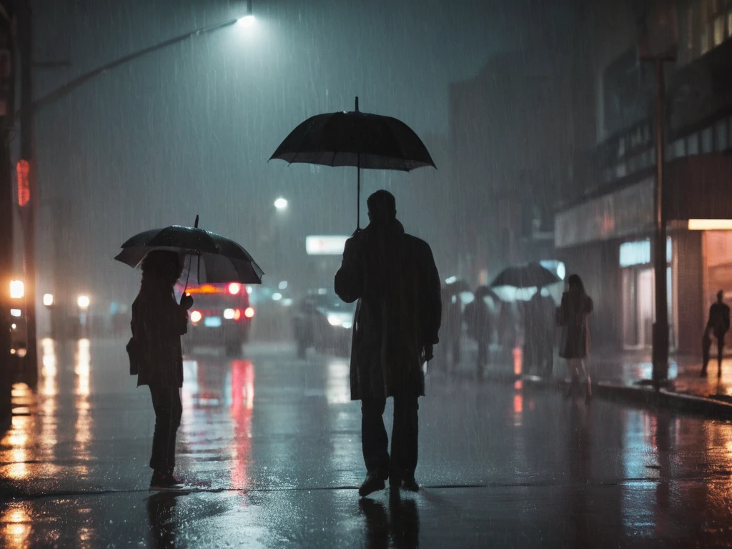 (Rain-soaked street at night:1.3), pedestrians with umbrellas, (reflected neon lights:1.2), steam rising from manhole, construction signage, wet asphalt, urban atmosphere, (cinematic tone:1.2), dynamic composition, (ambient streetlights:1.1), silhouetted figures, city life in motion, moody ambiance, Nikon D850, 1/160s, f/2.8, ISO 3200, telephoto lens, depth of field, (cool color palette:1.1), raindrop effects, evocative of film noir,