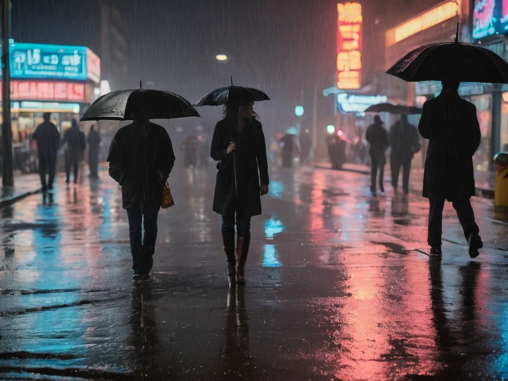 (Rain-soaked street at night:1.3), pedestrians with umbrellas, (reflected neon lights:1.2), steam rising from manhole, construction signage, wet asphalt, urban atmosphere, (cinematic tone:1.2), dynamic composition, (ambient streetlights:1.1), silhouetted figures, city life in motion, moody ambiance, Nikon D850, 1/160s, f/2.8, ISO 3200, telephoto lens, depth of field, (cool color palette:1.1), raindrop effects, evocative of film noir,