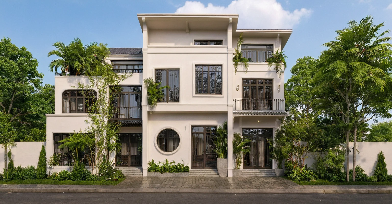 Raw photo,Masterpiece, high quality, best quality, authentic, super detail,
exterior, outdoors, house style indochine on the street ,aiaigroup
road,pavement, grass, trees, sky, cloud, (day:1.1)