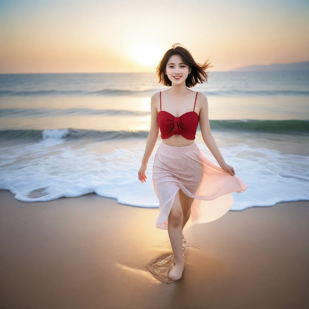 beautiful korean girl, Chest size 34 inches, Wear sleeveless, light skirt, sunrise beach red light. beautiful pretty woman look , wearing a light skirt , Go far into the sea water and dip your toes., Short medium hair blowing in the wind, 1 woman, beautiful eyes, a little smile, Full body photo from a distance with a wide angle lens