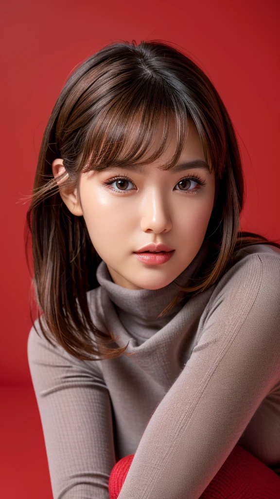 (Detailed face),((between legs)),Normal chest,cute,(turtleneck)Silky grey clothing,4K,Ultra-high resolution,(Photorealistic:1.7),Red background,