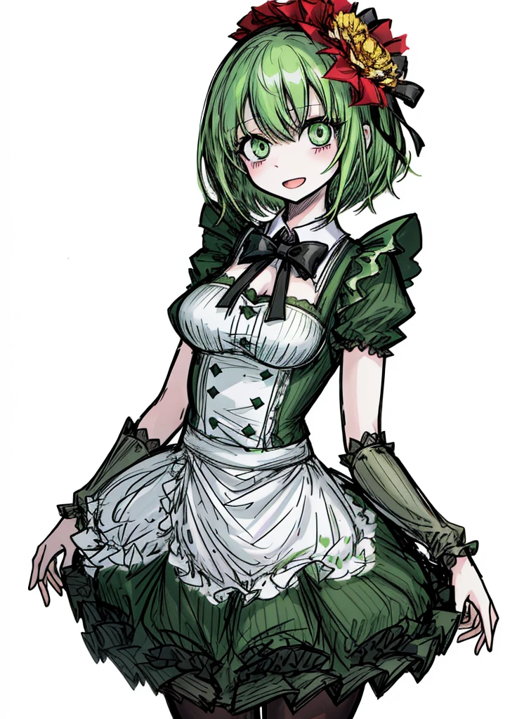 1girl ,green eyes,green hair,short maid dress ,pale skin,(high resolution, high detail, best quality),
open mouth,smile,happy, blushes, gluttonous, medium breasts