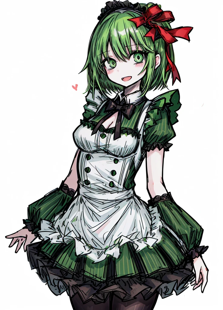 1girl ,green eyes,green hair,short maid dress ,pale skin,(high resolution, high detail, best quality),
open mouth,smile,happy, blushes, gluttonous, medium breasts