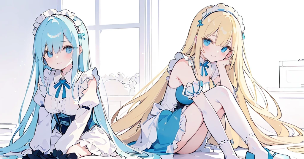 (long beautiful blonde hair) blue eyes, (Eyes behind long bangs) big breasts, Sitting pose using accessories (using socks) perfect shiny beautiful cyan shoes (Wearing luxurious palace maid clothes Perfect perfect noble) Pose facing sideways (Girl1, straight hair not too long, bangs covering one eye, soft face, gentle smile) long BLONDE hair, beautiful cyan eyes (Sitting pose, right hand down, left hand down, leaning pose, smile kawai, (blank white background) Wearing a blue corset, (Using a beautiful bright blue ribbon) Kawai shy cute eyes (cyan colored shoes must be shiny, Must wear short white socks) Short custom maid sleeves reaching mid-shoulder, Use lots of accessories