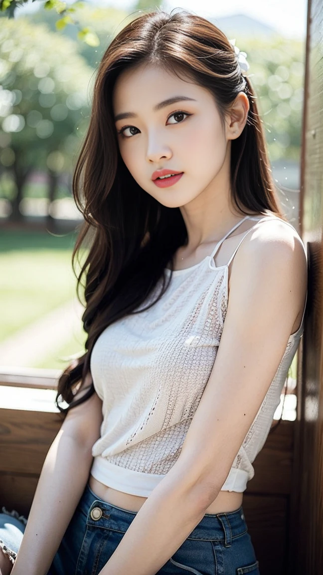 masterpiece, best quality, Surreal, Ultra Detailed, 8k resolution, RAW photos, Clear focus, (A girl in the forest), ((light gray shirt)), sleeveless, sports Shorts,Stand up, Solitary, Perfect body, Perfect body, Bangs to eyebrows、Beautiful brown hair、Beautiful and delicate eyes、Brown eyes、Raise an eyebrow、Bangs to eyebrows、Beautiful brown hair、Beautiful and delicate eyes、Brown eyes、Raise an eyebrow、High Nose、Small nostril、Little mouth、Tempting lips、Mouth slightly open、Beautiful breasts、Full body、Oval face,Phoenix Eyes,Eyebrow, Double eyelids, Long eyelashes, A faint smile, full-body shot:1.2,She has a pair of eyes as clear as water,Eyebrows are like distant mountains,Creamy skin,Lips like cherry blossoms。Her beauty is not only in appearance,It's more about her fragile yet tenacious temperament,Like a hibiscus flower swaying in the wind,It's pitiful, A faint smile, full-body shot:1.2,(Bring your legs together:1.5),with a round face, 32 inches in the chest, (sexy pose),(standing pose) ,(full body shot)、,
32 inches in the chest,(a charming smile:1), (sexy pose),26 years old, light,White shoes,Stand up