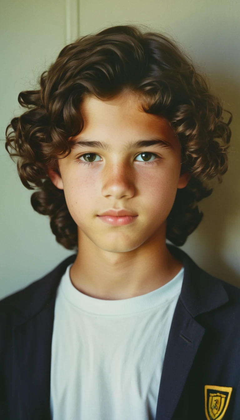 analog film photo, modern day photo of a young student, 14 years-old, male, brown-black hair, long curly hair, brown eyes, caucasian, round face, oval-shaped jawline, bulbous nose, full lips, thick eyebrows, soft features, stocky broad frame, chubby, fat, resembles Gaten Matarazzo, (relaxed school uniform:1.1), silhouette, backlit, split lighting, half face in shadow, RAW Photograph, dslr, hard lighting, hard shadows, high quality, film grain, Fujifilm XT3, detailed skin with visible pores, insane details, masterpiece, 8k, 35mm photograph, dslr, kodachrome, faded film, desaturated, 35mm photo, grainy, vintage, Kodachrome, Lomography, stained, highly detailed, found footage, yearbook portrait, contemporary, 2024