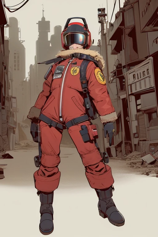 full body image, (ultra detailed,ultra high res,detailed background),((2D)),((flat color)),((muted color)), 1solo, looking at viewer, baggy red flight suit, large shearling collared bomber jacket, (big yellow galoshes), plush collar, full body image, wearing vr goggles, ((baron desert intricut background)), ((apocalyptic city)), entire body in frame, ((drone next to her))